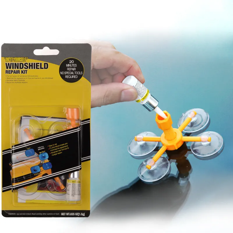 Yellow auto glass repair fluid in 2ml bottle for windscreen crack repair with corrector tool