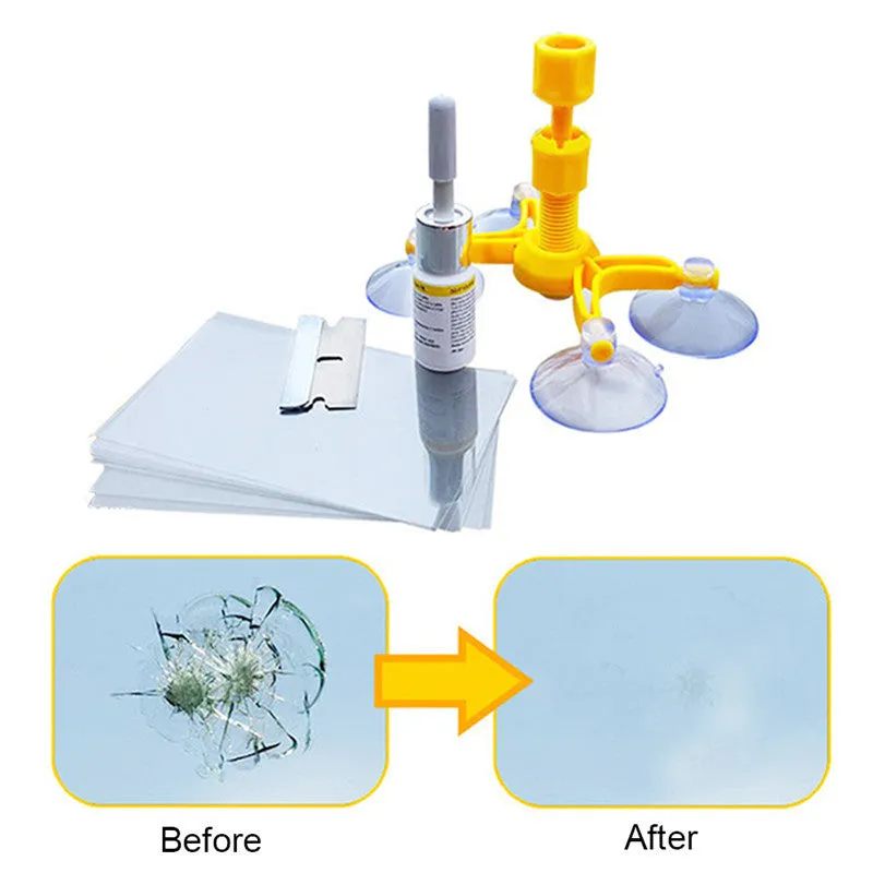 Yellow auto glass repair fluid in 2ml bottle for windscreen crack repair with corrector tool