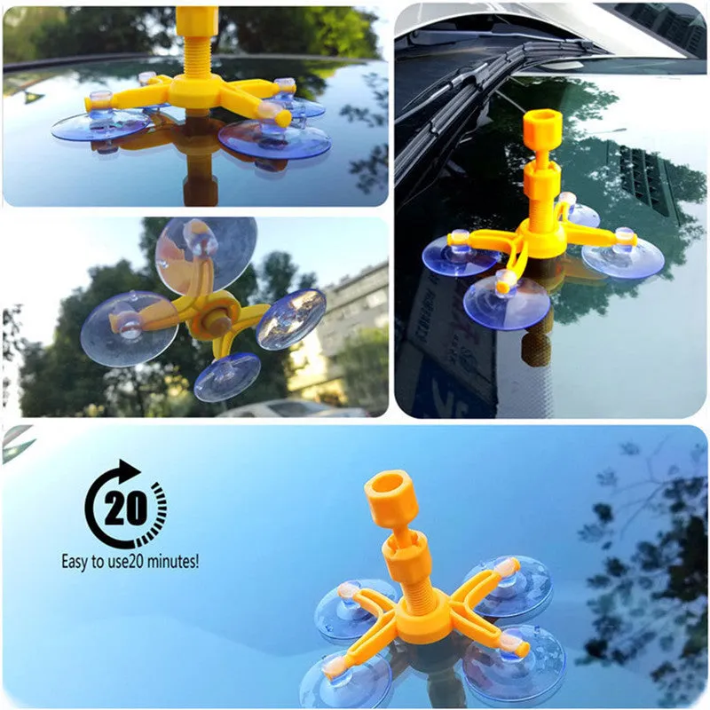 Yellow auto glass repair fluid in 2ml bottle for windscreen crack repair with corrector tool