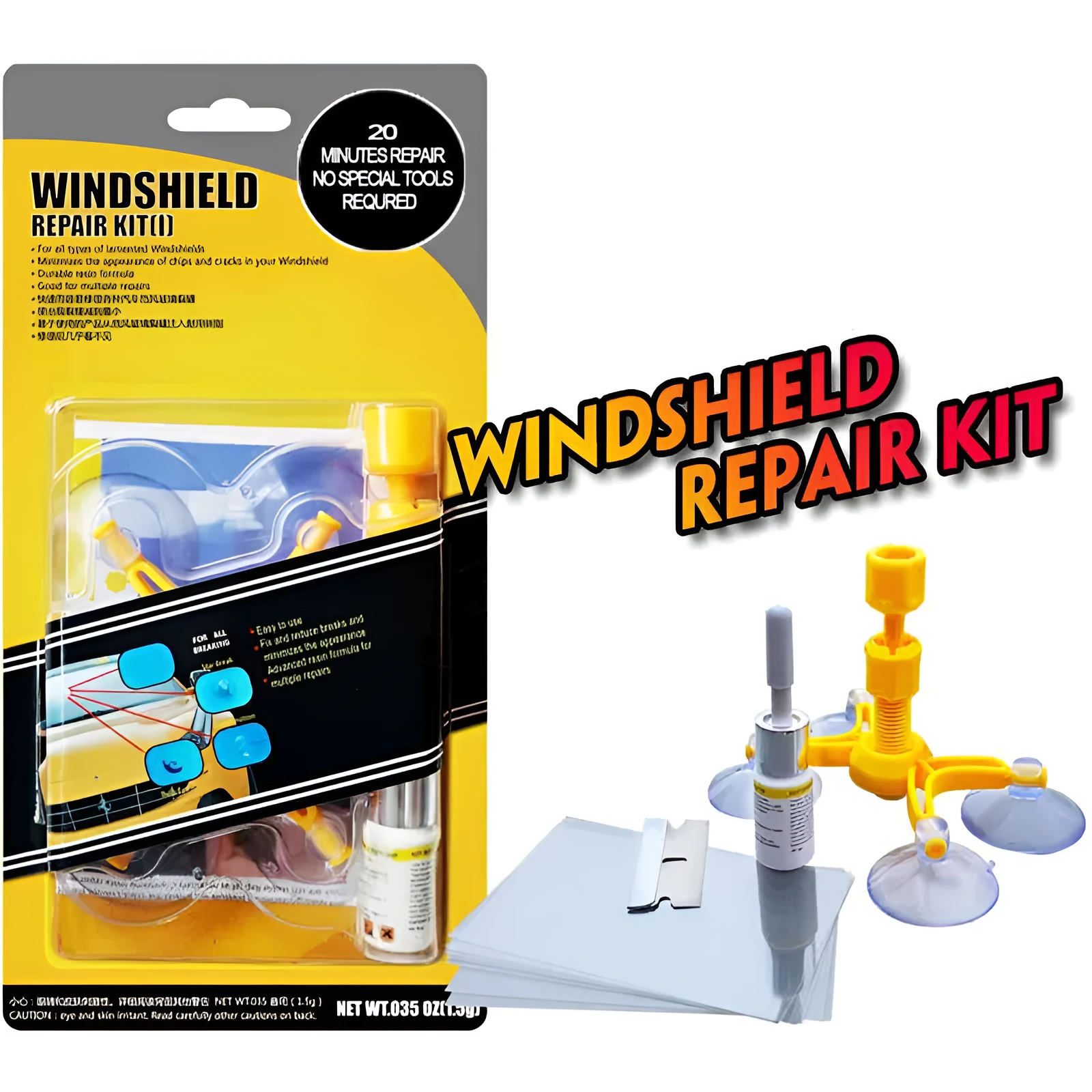 Yellow auto glass repair fluid in 2ml bottle for windscreen crack repair with corrector tool