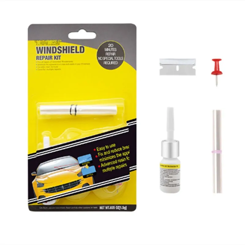 Yellow auto glass repair fluid in 2ml bottle for windscreen crack repair with corrector tool