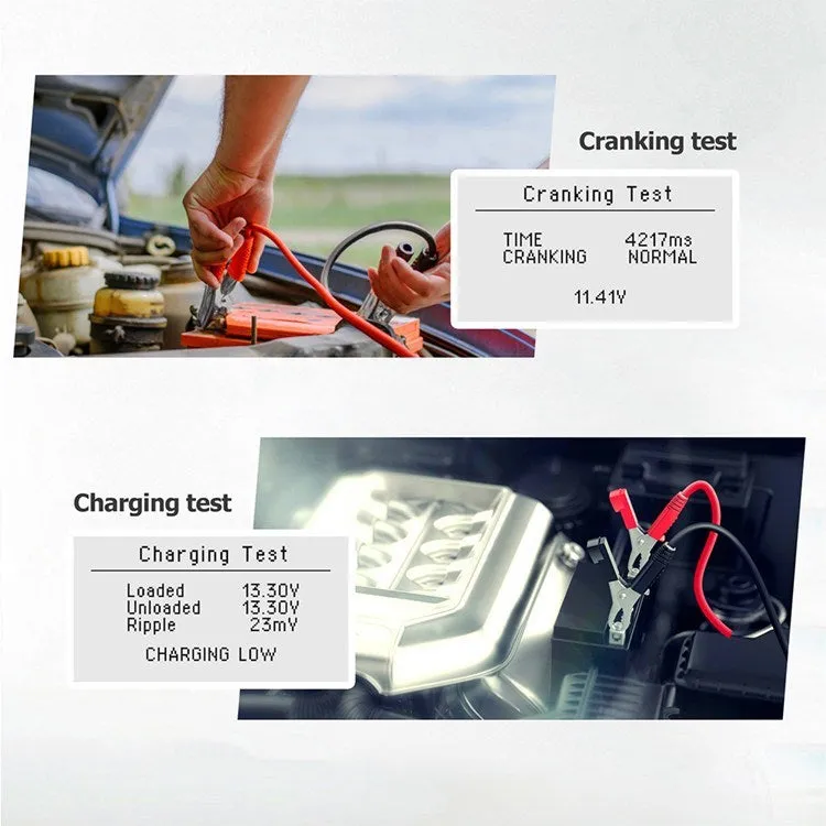 Red car battery tester 12V diagnostic tool with display and cables on white background