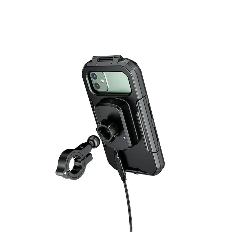 Rainproof cycling phone holder with fast charging cable mounted on handlebar, size 206 x 106 x 70 mm