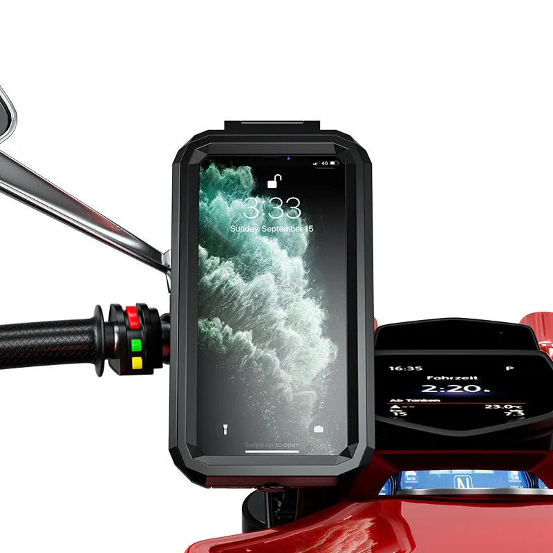 Rainproof cycling phone holder with fast charging cable mounted on handlebar, size 206 x 106 x 70 mm