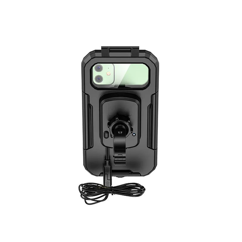 Rainproof cycling phone holder with fast charging cable mounted on handlebar, size 206 x 106 x 70 mm