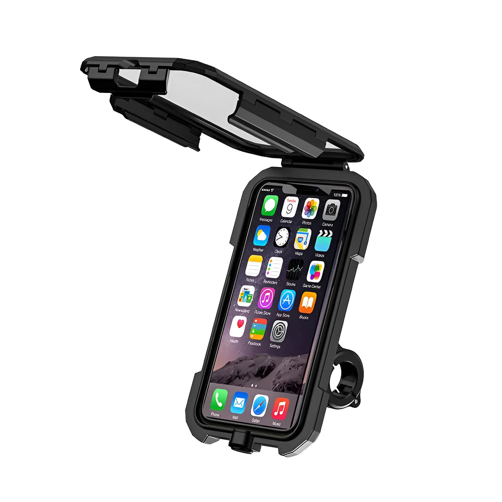 Rainproof cycling phone holder with fast charging cable mounted on handlebar, size 206 x 106 x 70 mm