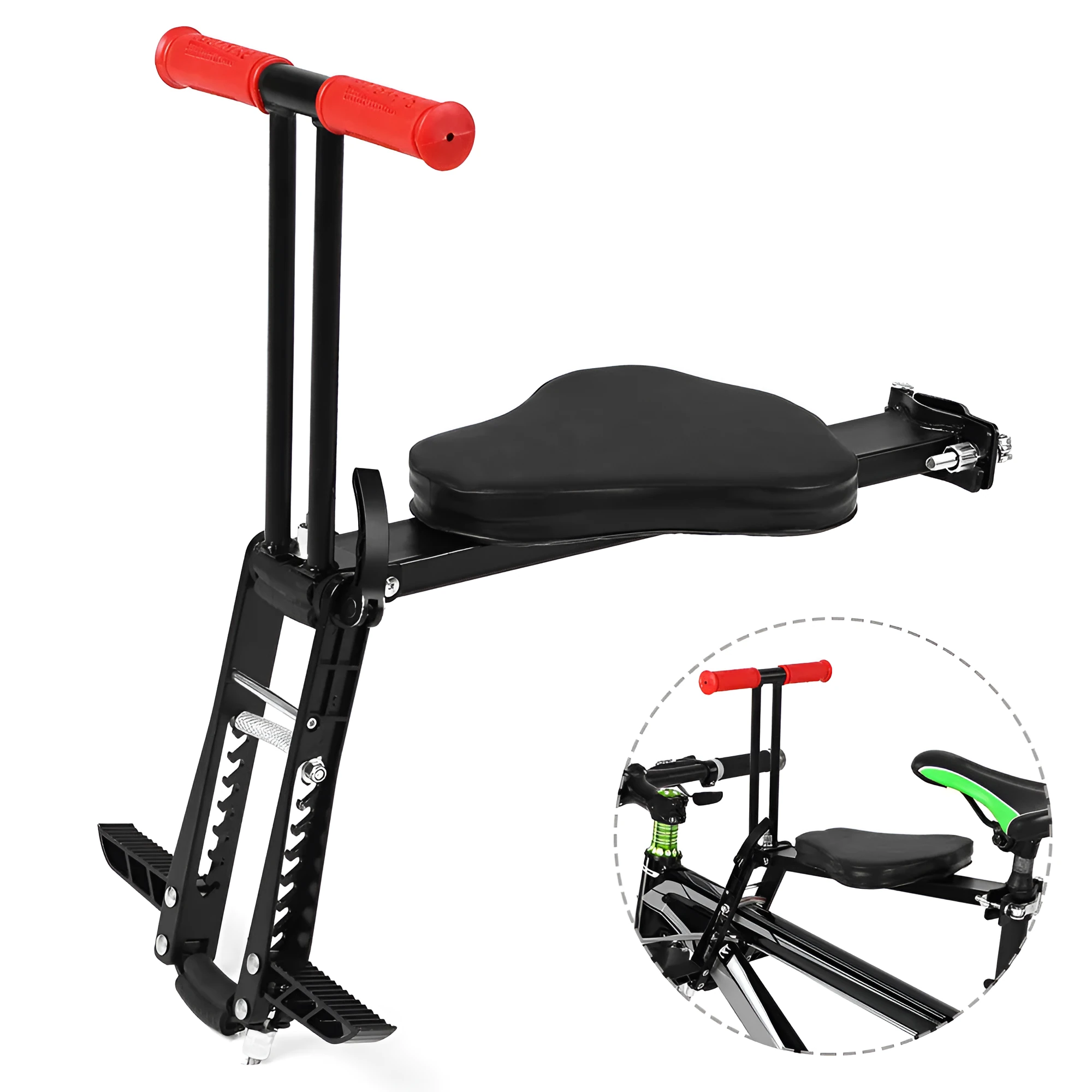 Front child bicycle seat in black with aluminium frame, cushion, handrail, and pedal