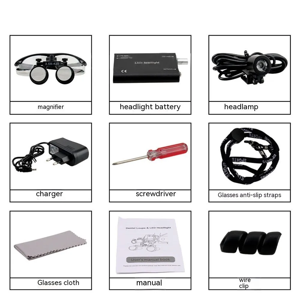 Black plastic head-mounted dental magnifying glass with LED light and 3.5X magnification lens