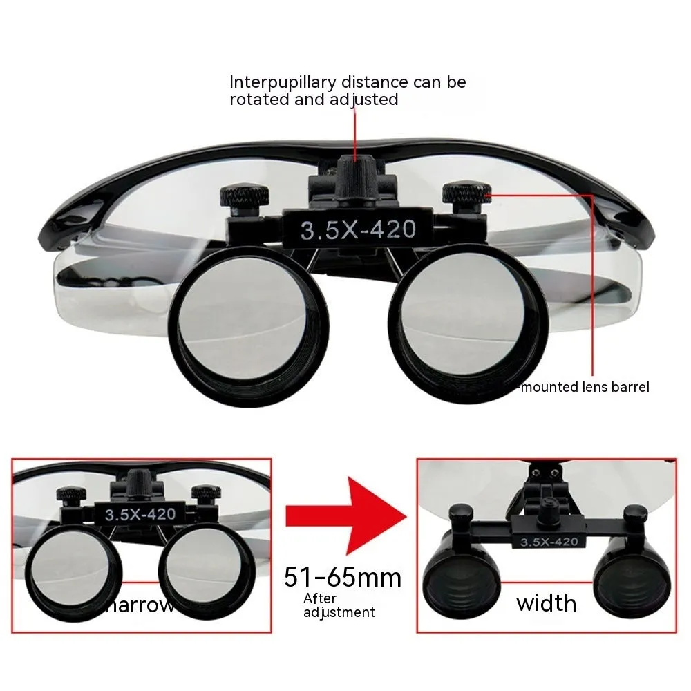 Black plastic head-mounted dental magnifying glass with LED light and 3.5X magnification lens
