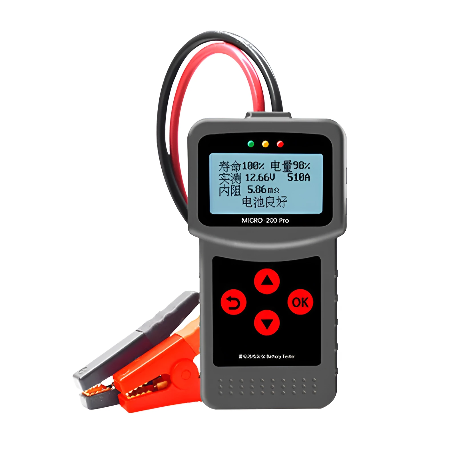 Black car battery tester with digital display measuring internal resistance on a workbench