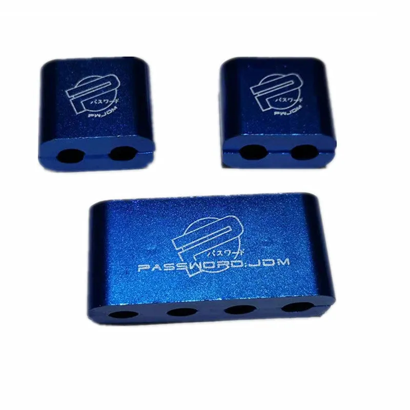 Set of three metal car modification fastening clamps with a fixed sleeve in assorted colours.