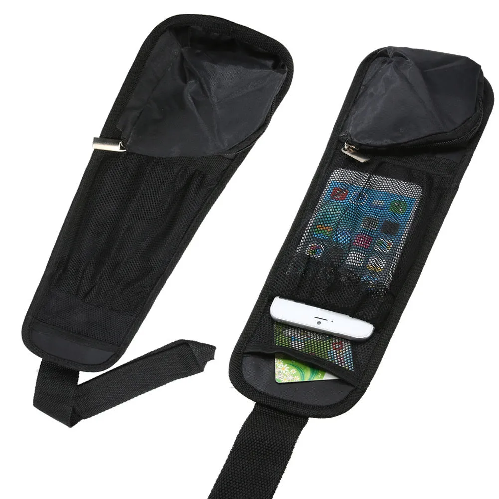 Black nylon car chair side bag with compartments for drinks and phone, attached to vehicle seat