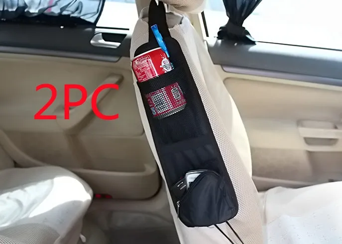 Black nylon car chair side bag with compartments for drinks and phone, attached to vehicle seat