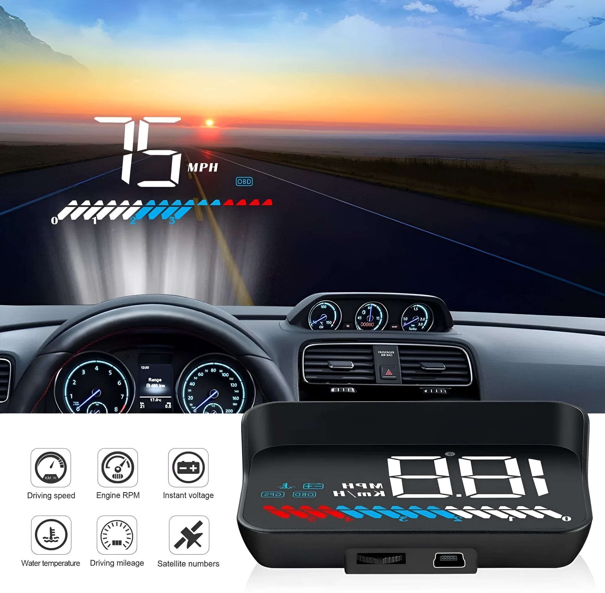 M7 dual system vehicle-mounted HUD head-up display with GPS in black colour