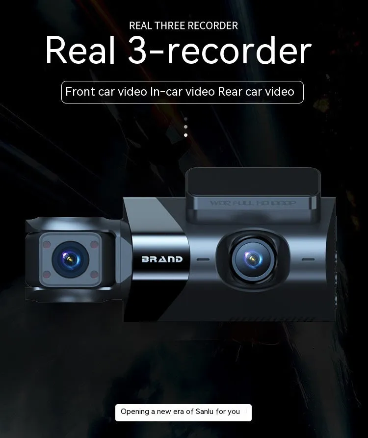 Black car dash camera with 5 inch screen showing GPS map and road recording display.
