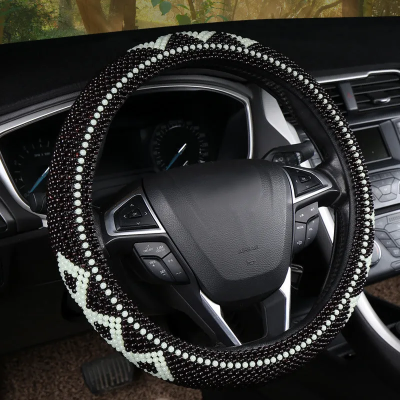 Small card light wooden bead steering wheel cover for 38cm wheels in black colour option
