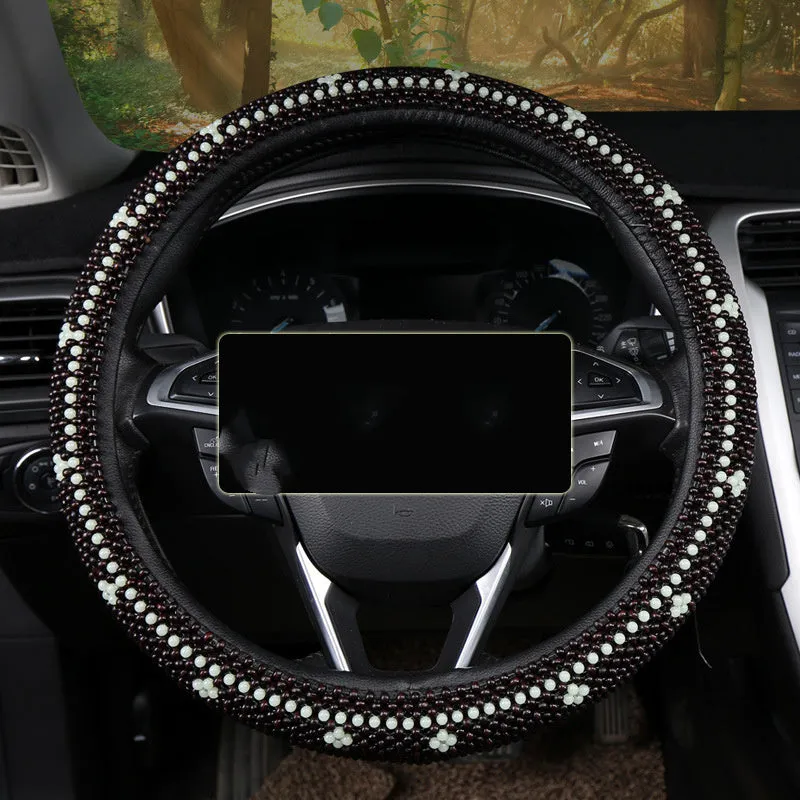 Small card light wooden bead steering wheel cover for 38cm wheels in black colour option
