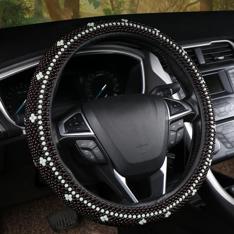 Small card light wooden bead steering wheel cover for 38cm wheels in black colour option