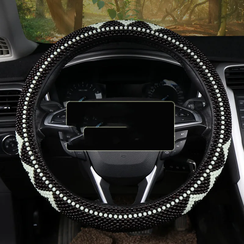 Small card light wooden bead steering wheel cover for 38cm wheels in black colour option