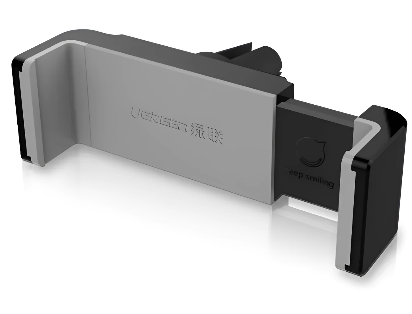 Universal car phone holder for dashboard, windscreen, or vent mounting in black and grey