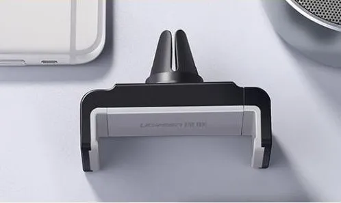 Universal car phone holder for dashboard, windscreen, or vent mounting in black and grey