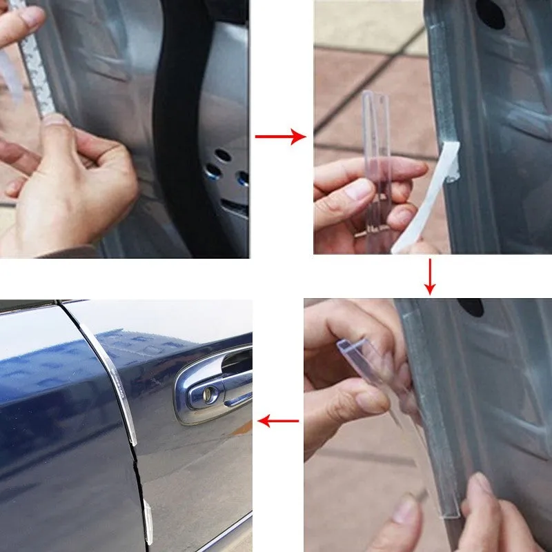 8-piece car door edge guard set in black and transparent trim on a vehicle door