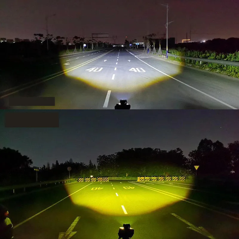 Black aluminium motorcycle spotlight with LED projection lens and dual-colour light output