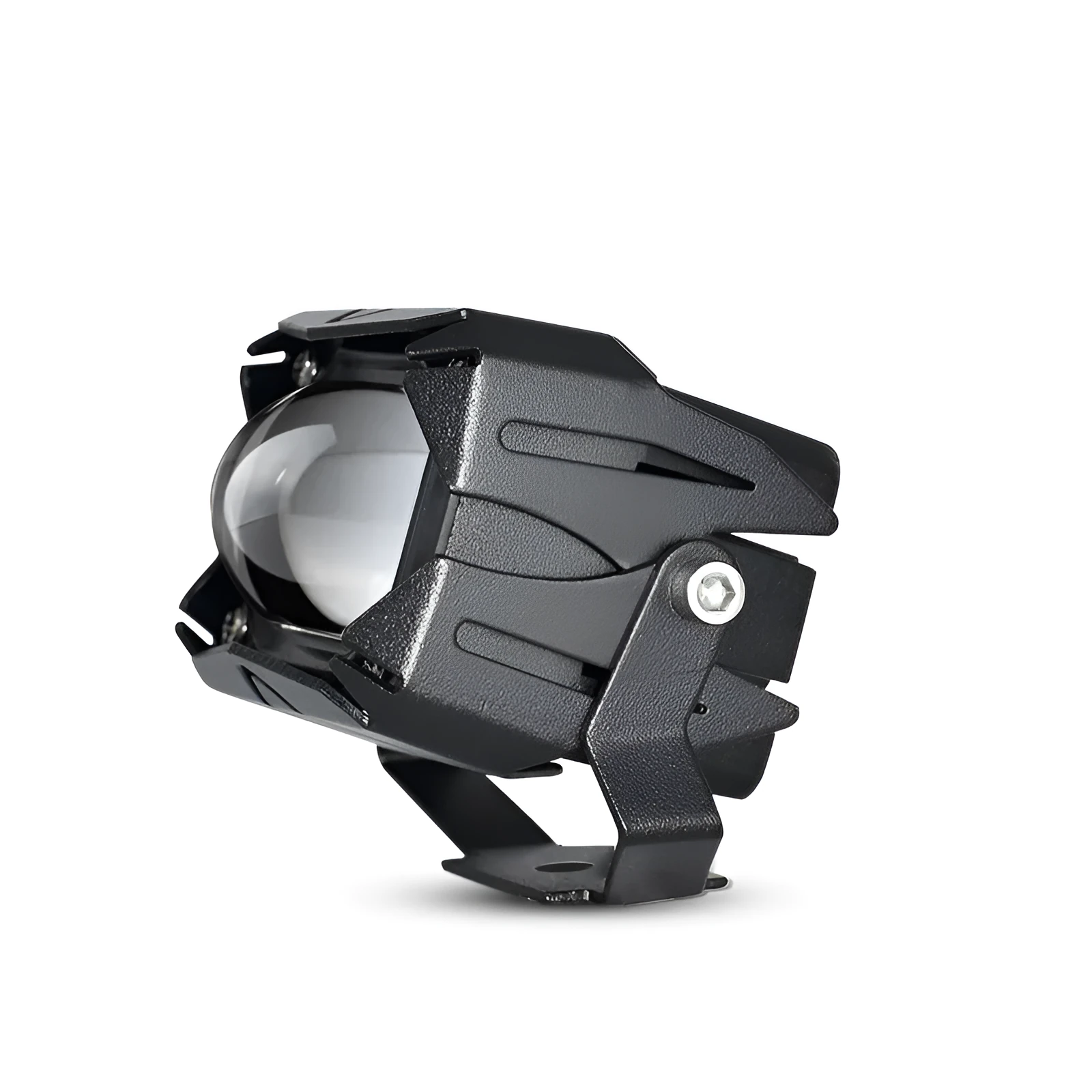 Black aluminium motorcycle spotlight with LED projection lens and dual-colour light output