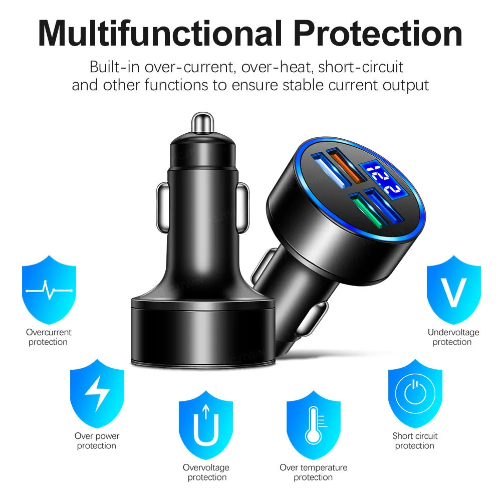 Black multi-port car charger for vehicle cigarette lighter with multiple USB ports