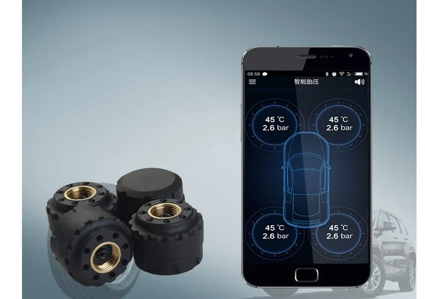 Bluetooth wireless tyre pressure monitoring system with external sensor and smartphone app display showing pressure and temperature
