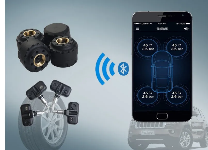 Bluetooth wireless tyre pressure monitoring system with external sensor and smartphone app display showing pressure and temperature