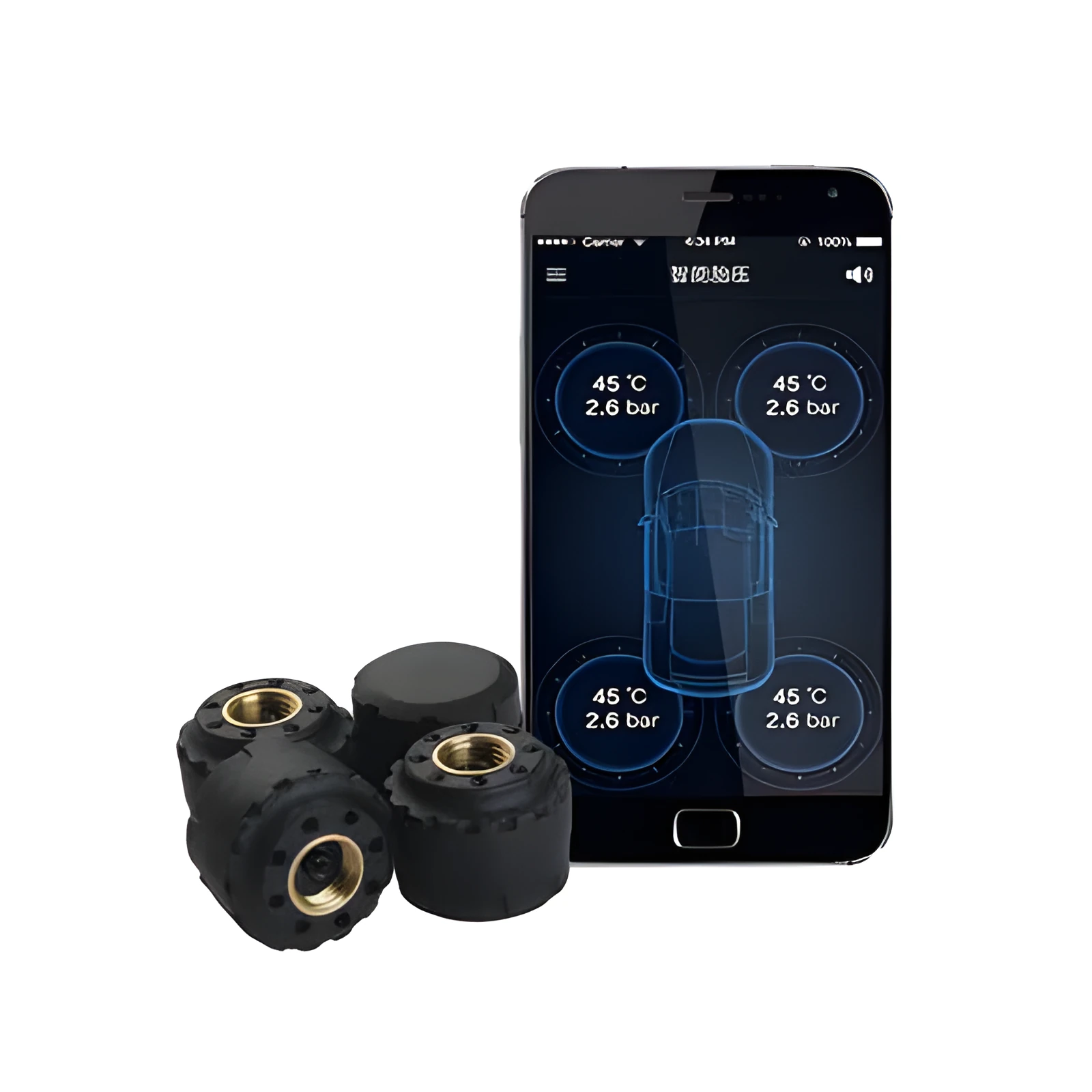 Bluetooth wireless tyre pressure monitoring system with external sensor and smartphone app display showing pressure and temperature
