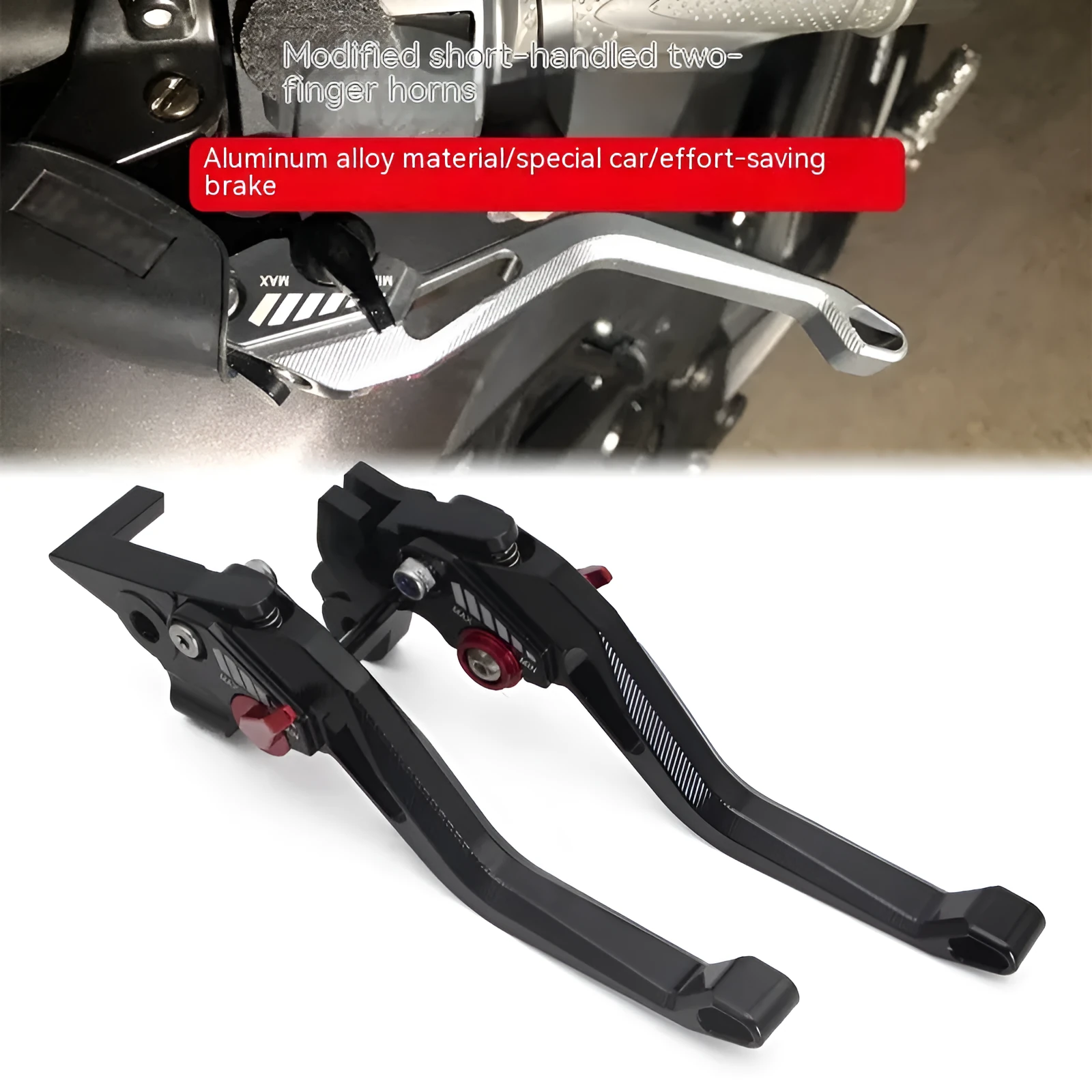 Motorcycle metal clutch lever and pull rod in two-finger design, shown in multiple colour options.