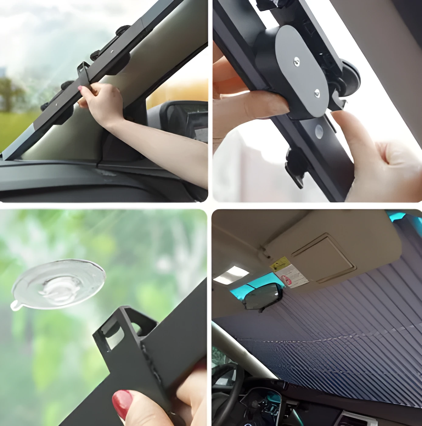Car sun visor of aluminised film measuring 46cm sliding into position on a car windscreen