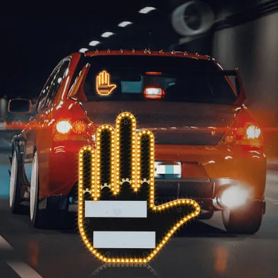 Black LED gesture car light with amber illumination showing hand gesture, remote control, and 3M Velcro mounting
