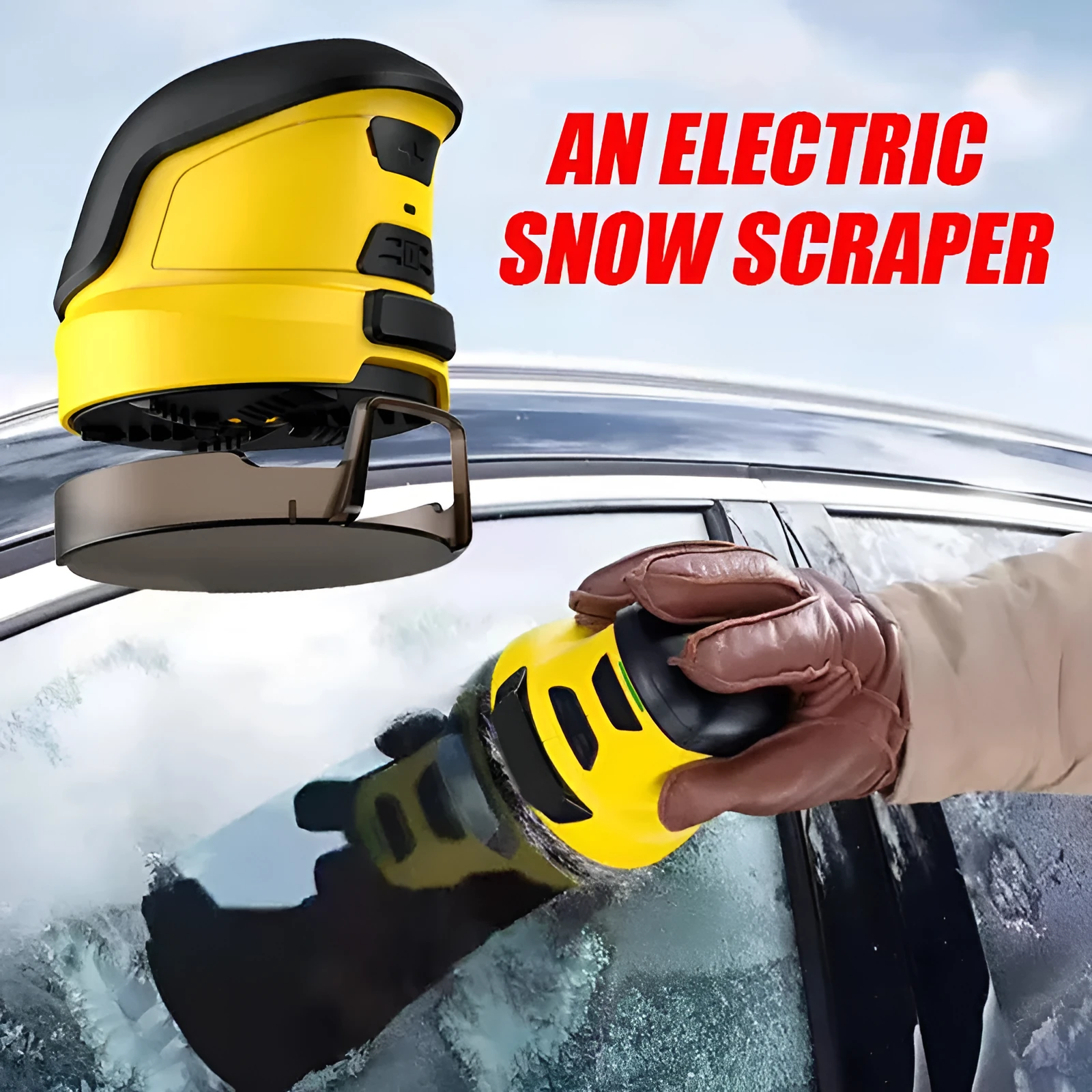 Yellow cordless electric ice scraper with USB charging cable for car windscreen deicing