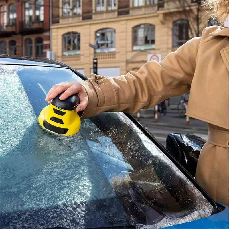 Yellow cordless electric ice scraper with USB charging cable for car windscreen deicing