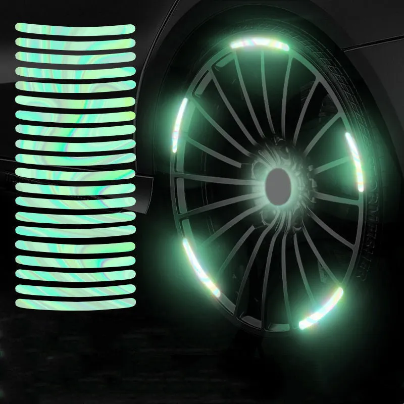 20-piece set of 7-color laser reflective wheel stickers on a car wheel, each 90x7mm
