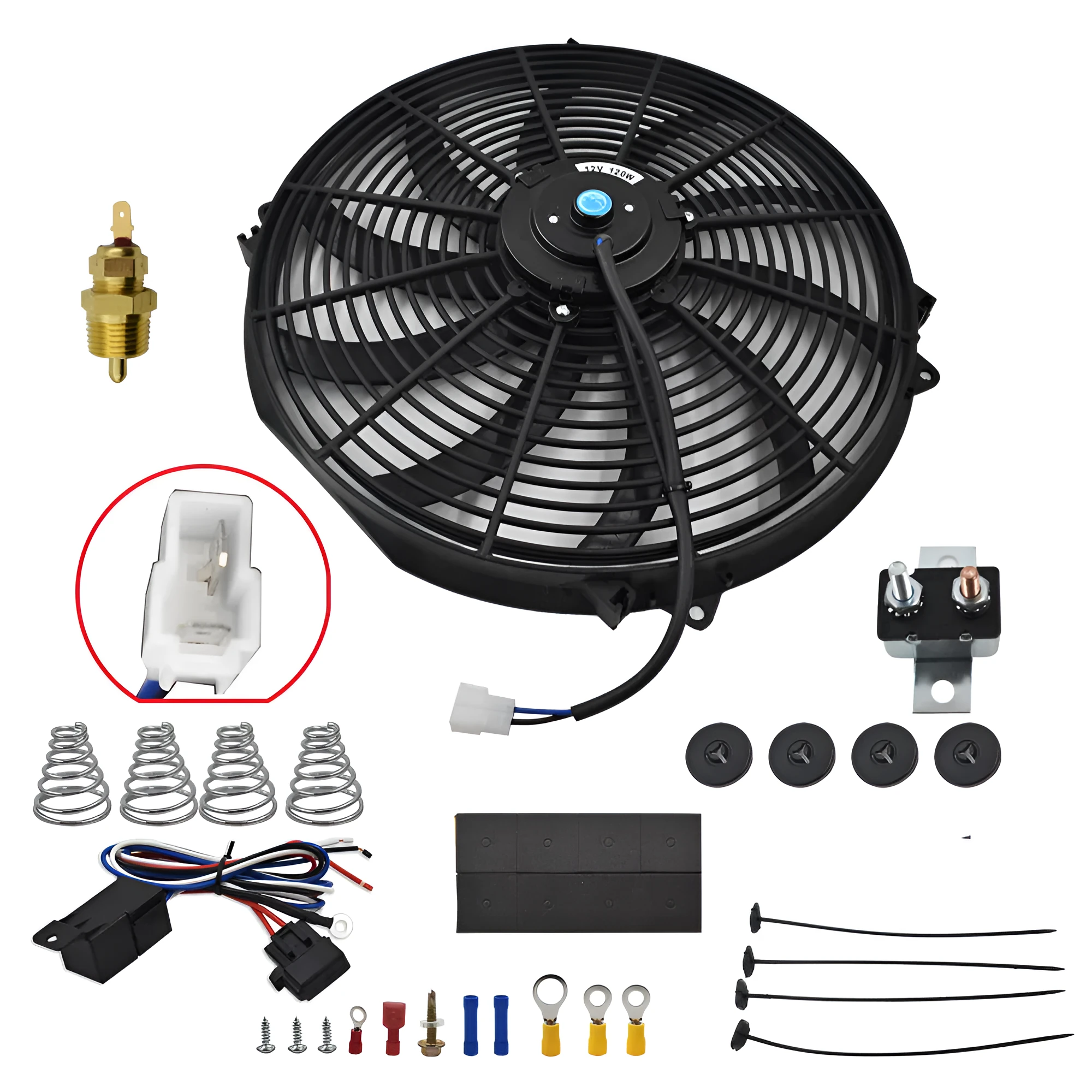 16-inch black universal radiator cooling fan with curved blades and steel motor, includes thermostat kit