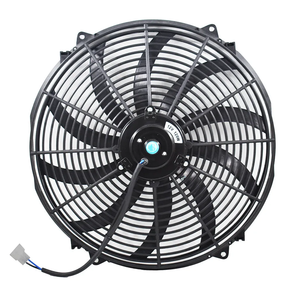 16-inch black universal radiator cooling fan with curved blades and steel motor, includes thermostat kit