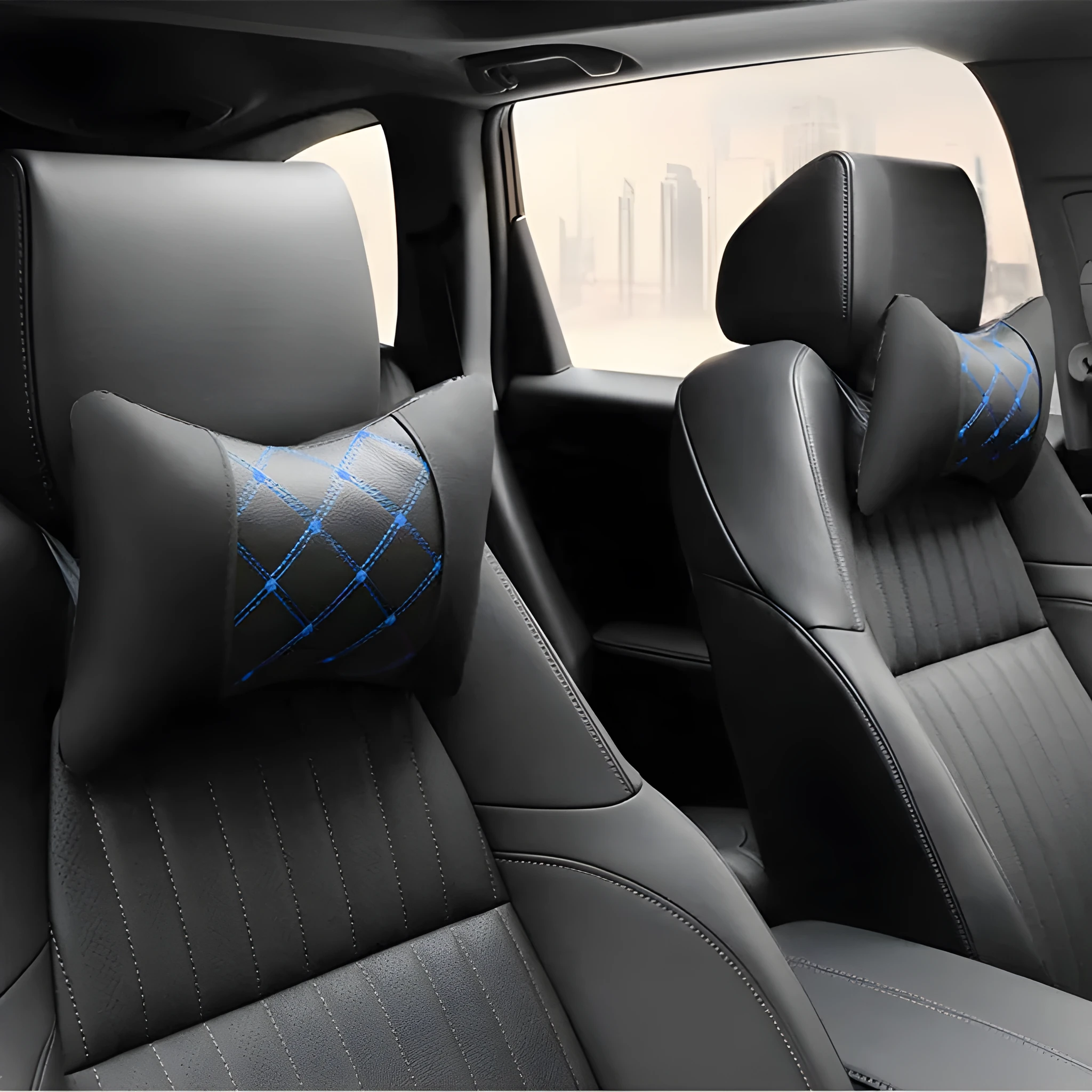 Black quilted artificial leather car headrest pillow with diamond stitching, shown on a car seat.