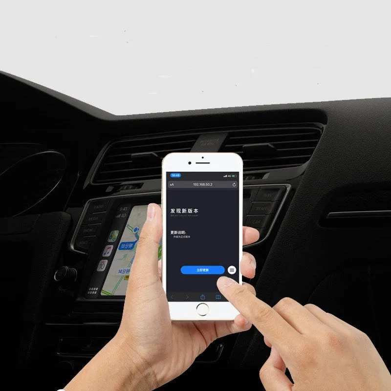 Black ABS wireless CarPlay adapter module with USB connector measuring 80x46x10mm