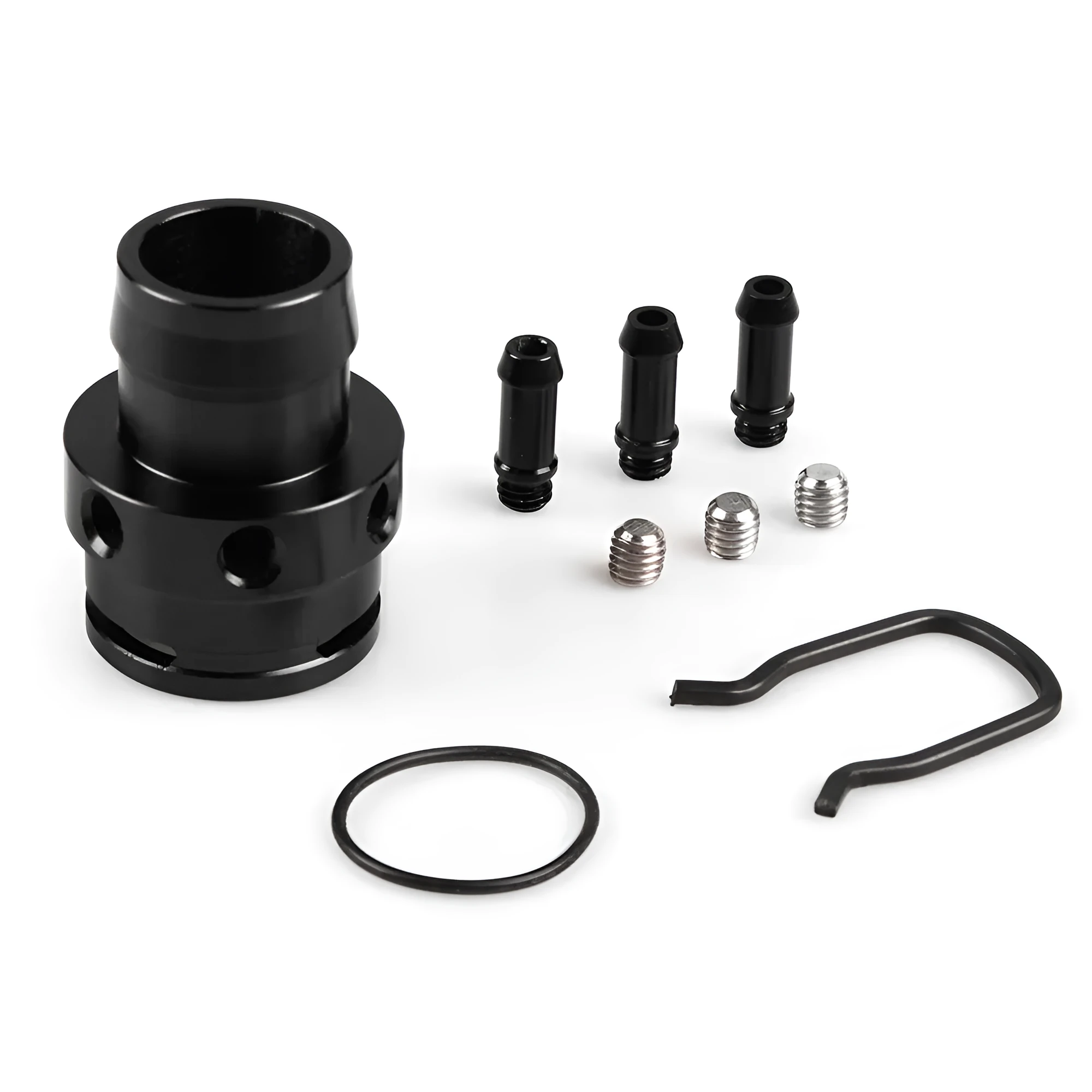 Black nylon and titanium-colour plastic vacuum tee adapter for second-generation car engines.