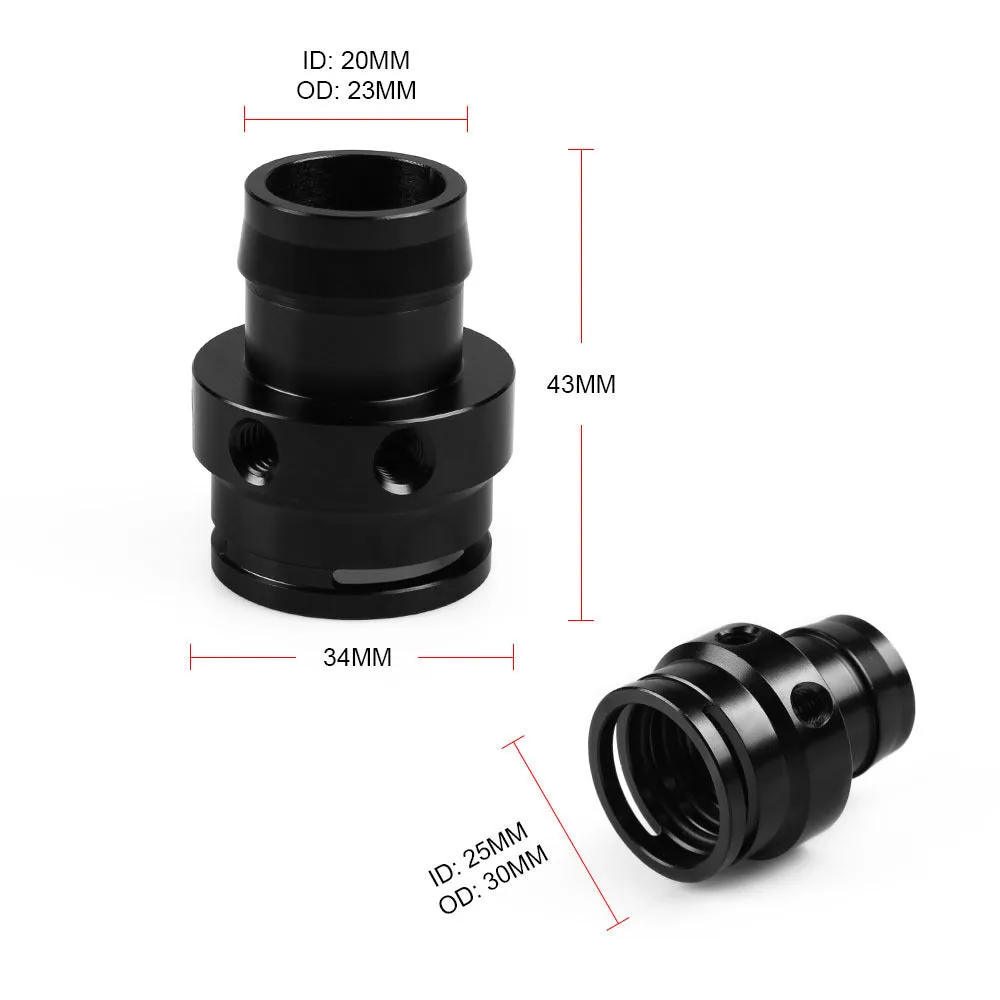 Black nylon and titanium-colour plastic vacuum tee adapter for second-generation car engines.