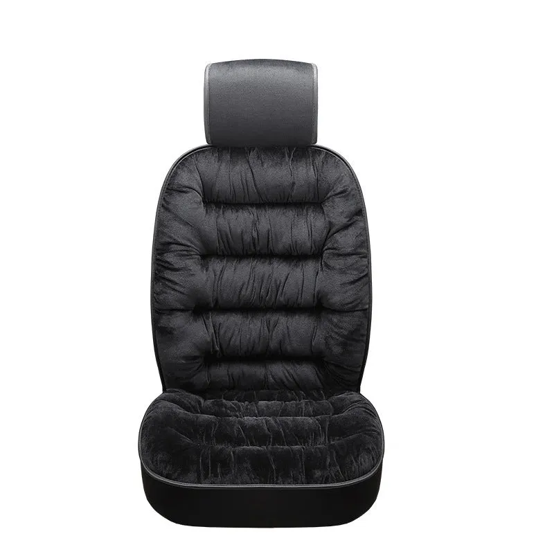 Universal winter warm plush car seat cushion set in beige, showing front seat cover with elastic fixings on a car interior