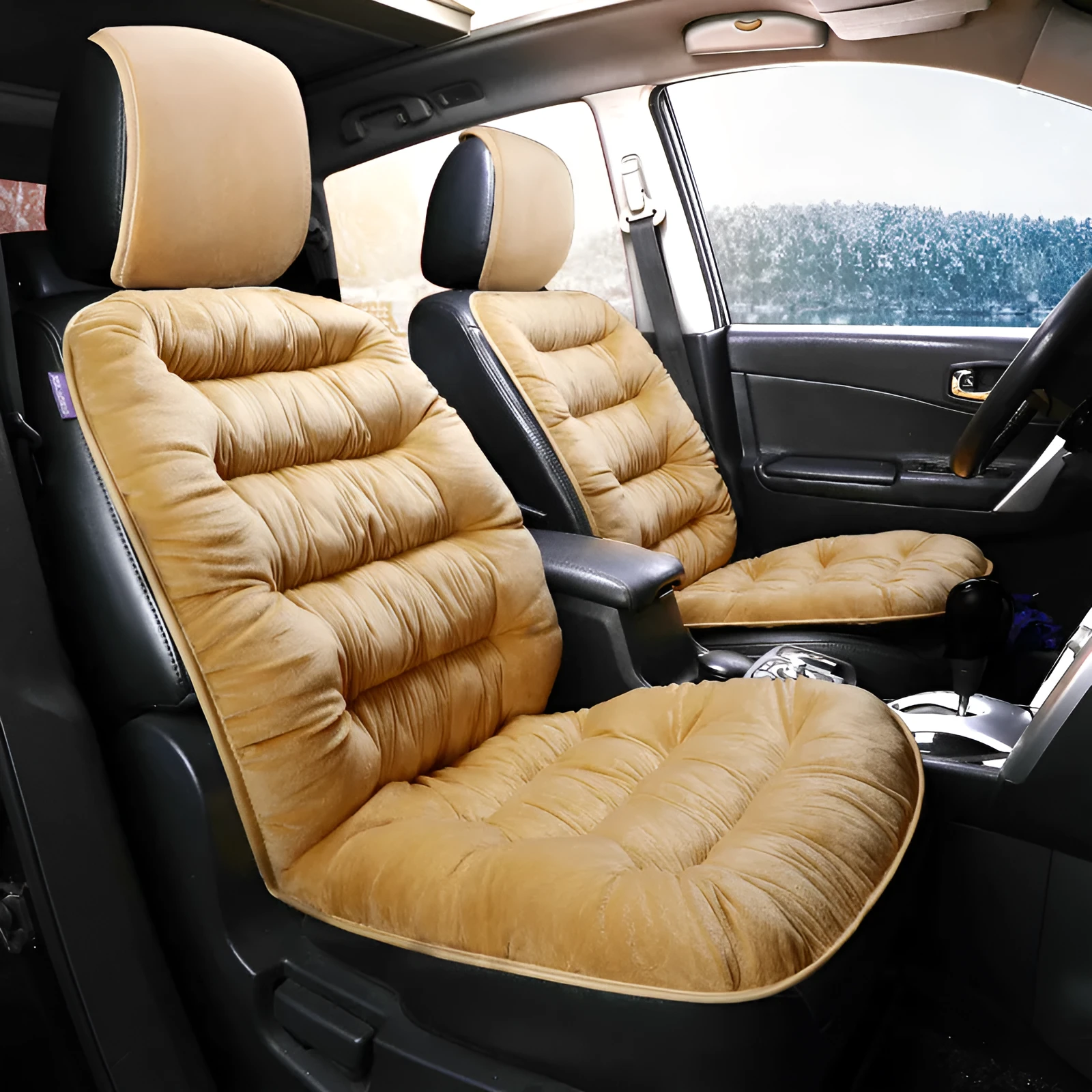 Universal winter warm plush car seat cushion set in beige, showing front seat cover with elastic fixings on a car interior