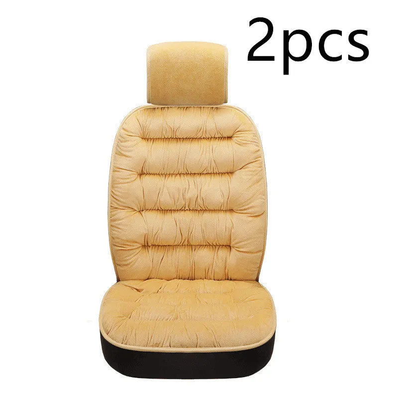 Universal winter warm plush car seat cushion set in beige, showing front seat cover with elastic fixings on a car interior