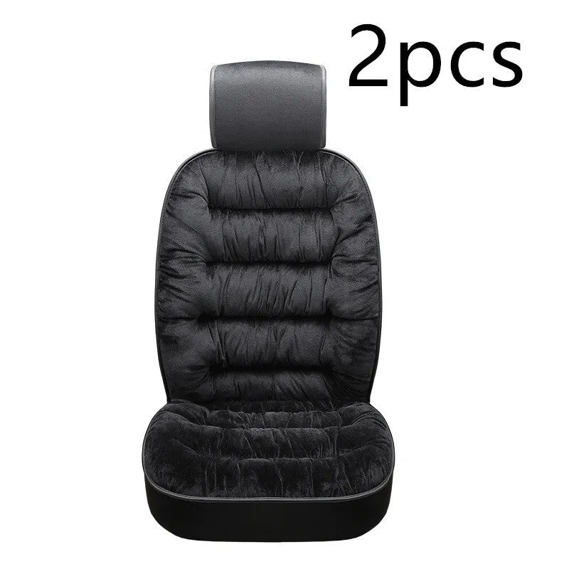Universal winter warm plush car seat cushion set in beige, showing front seat cover with elastic fixings on a car interior