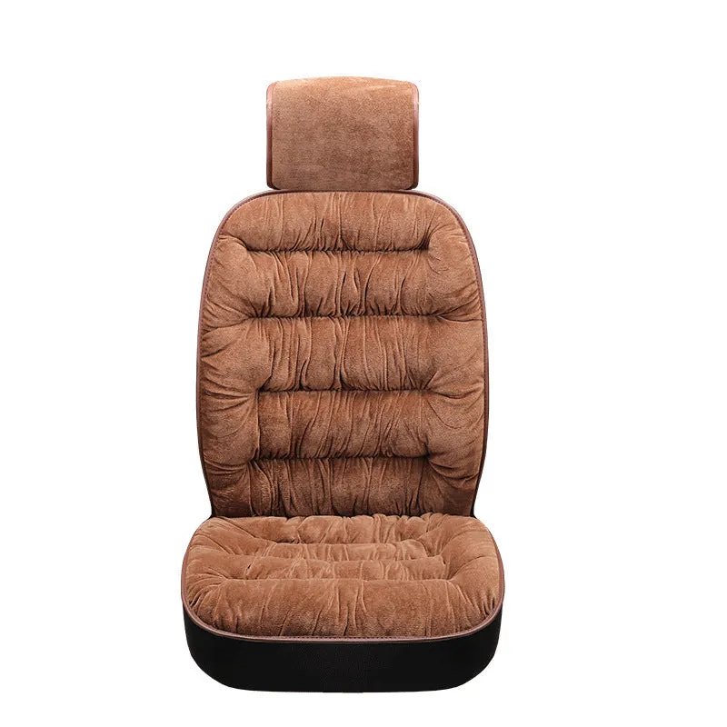 Universal winter warm plush car seat cushion set in beige, showing front seat cover with elastic fixings on a car interior
