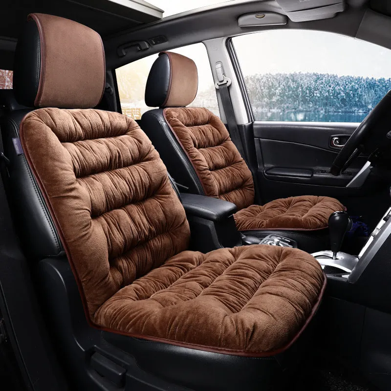 Universal winter warm plush car seat cushion set in beige, showing front seat cover with elastic fixings on a car interior